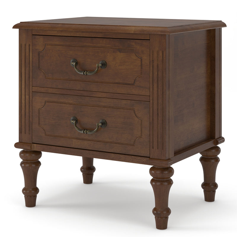 Walnut nightstand with two drawers, paneled sides, curved brass-toned pulls