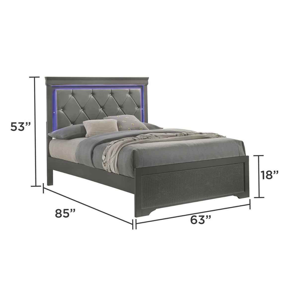 Modern upholstered bed with tufted headboard and LED trim, dark gray finish, includes rails