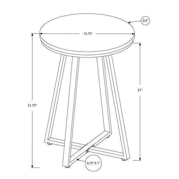 Round side accent table diagram with 21 in height and 15.75 in tabletop
