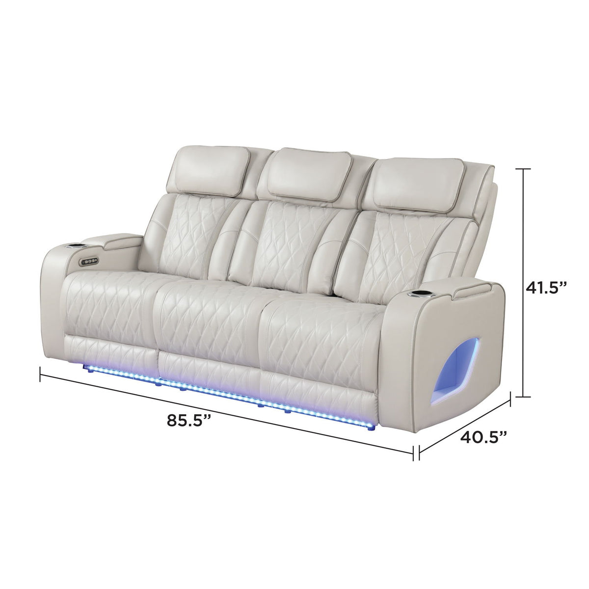 White power reclining sofa with quilted upholstery, headrests, and blue LED base