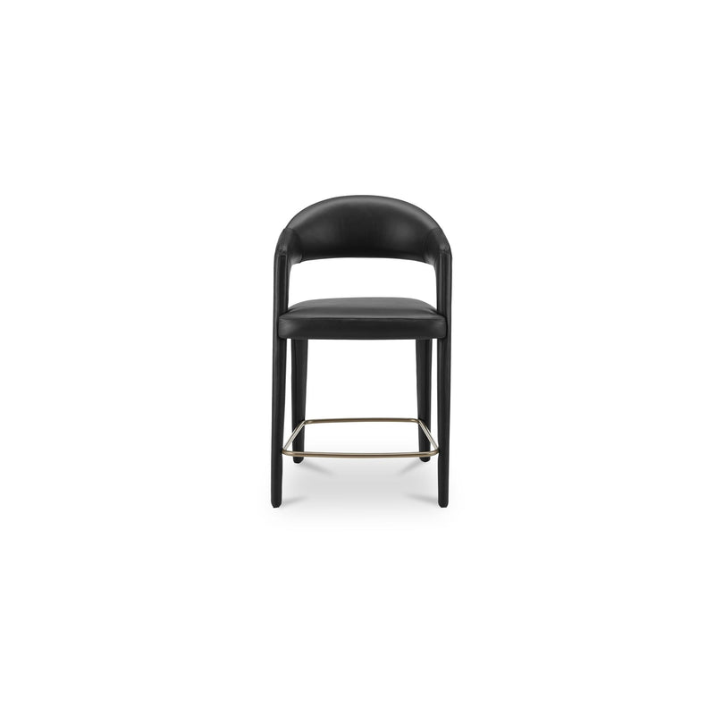 Black leather counter stool with rounded back, cushioned seat, and metal footrest
