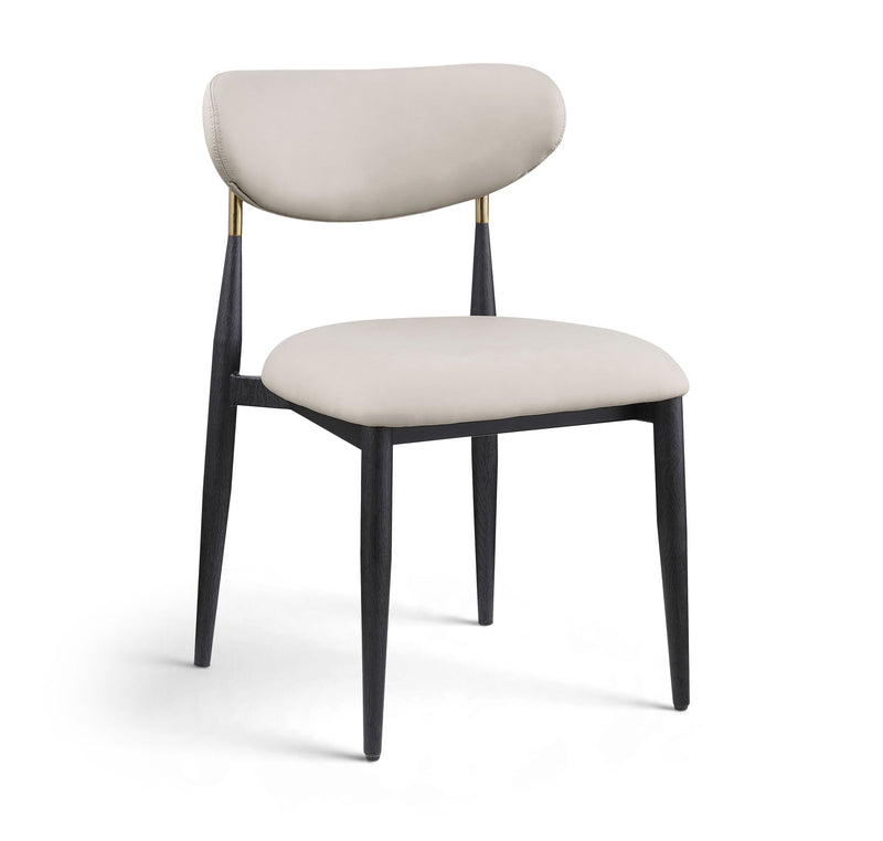 Light gray vegan leather dining side chair with padded seat and curved back, black legs