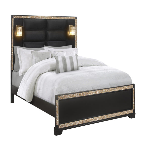 Black upholstered bed with two wall lamps, tufted headboard, striped pillows, white comforter