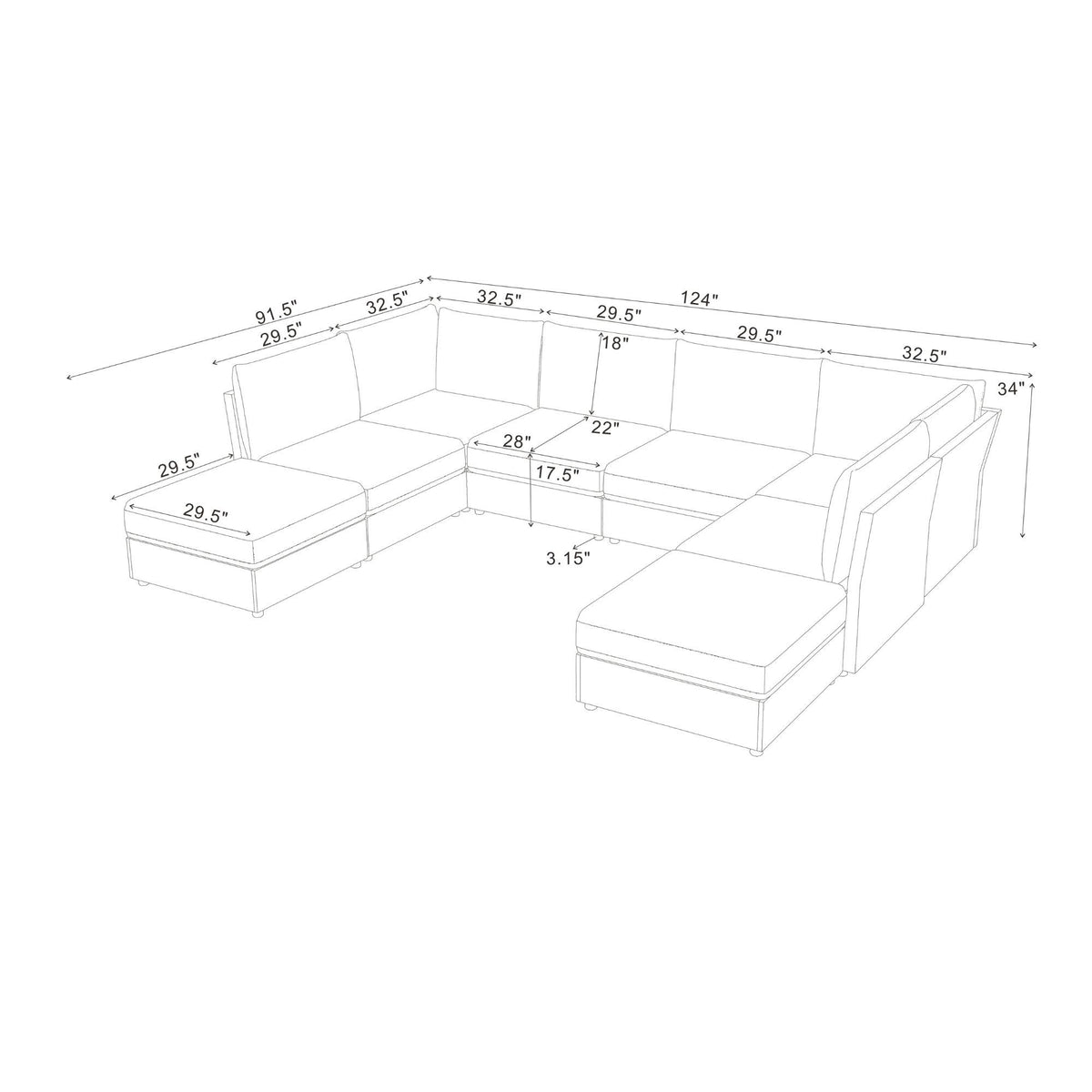 U-shape sectional sofa layout diagram with dimensions for ottoman and chaise sections