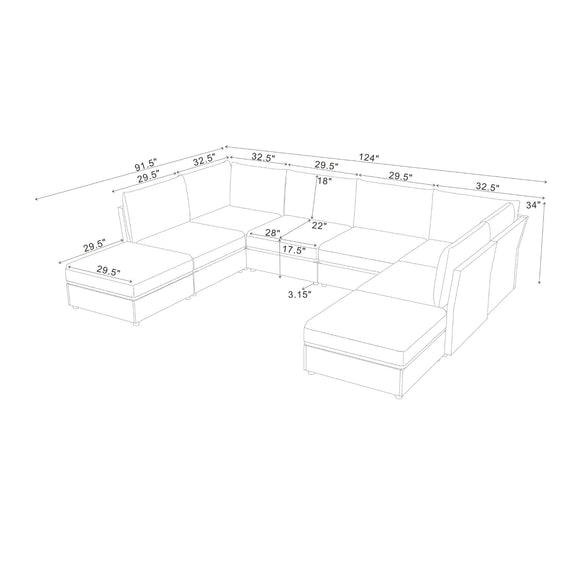 U-shape sectional sofa layout diagram with dimensions for ottoman and chaise sections