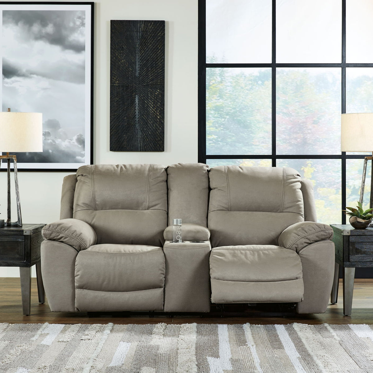Putty dual reclining loveseat with console, two reclining seats, padded arms