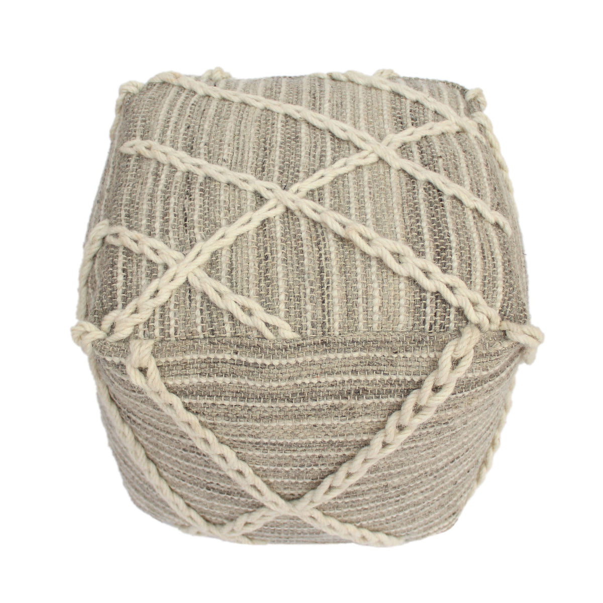 Modern Wool Rope Square Pouf Ottoman Floor Cushion - Gray / Ivory