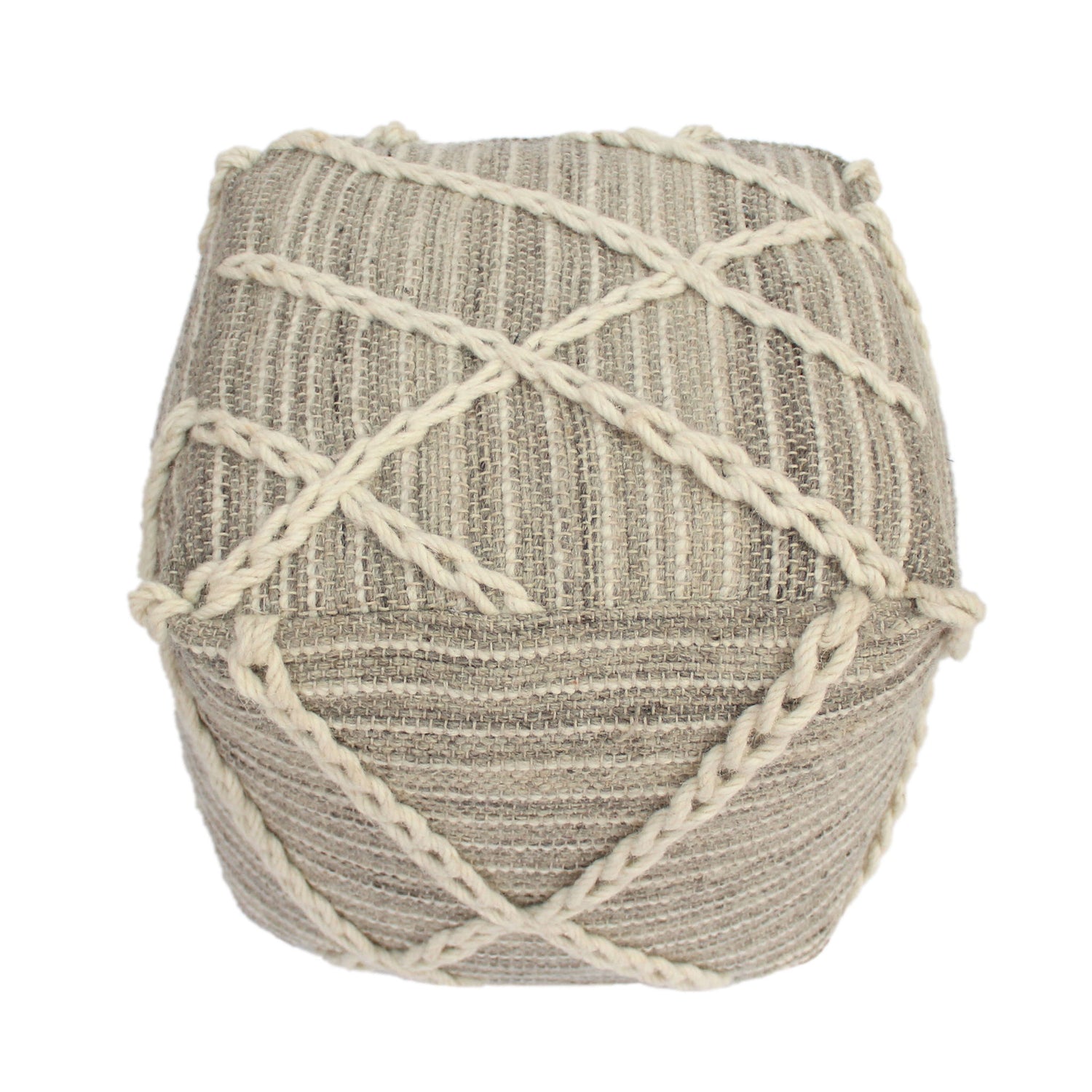 Modern Wool Rope Square Pouf Ottoman Floor Cushion - Gray / Ivory