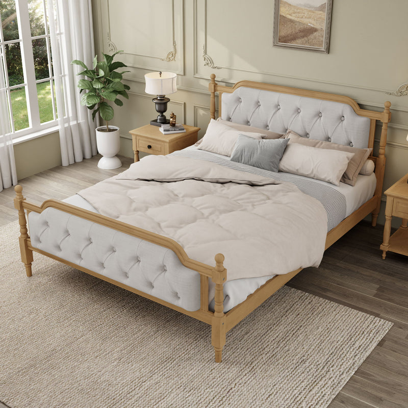 Traditional Style Solid Bed Frame With Upholstered Tufted Headboard, No Box Spring Needed