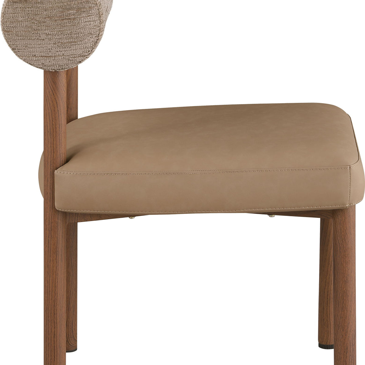Upholstered dining chair with round woven back, beige seat cushion, wood legs