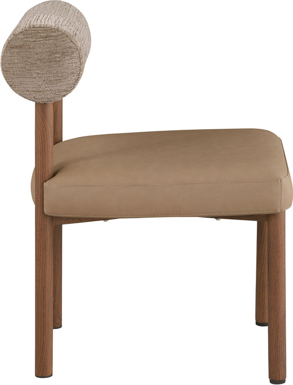 Upholstered dining chair with round woven back, beige seat cushion, wood legs