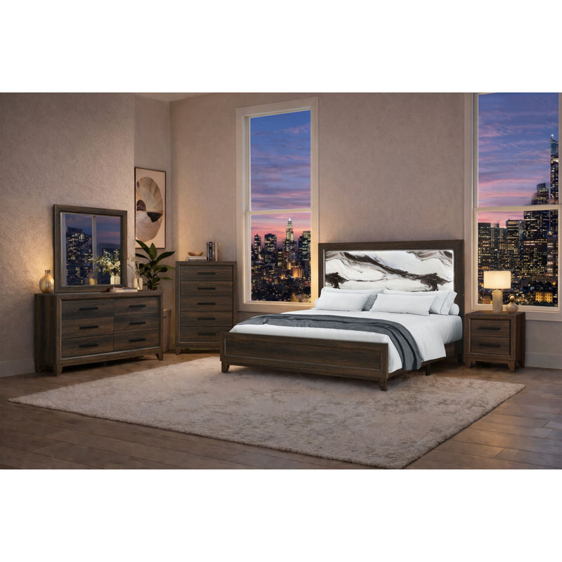 Dark brown bedroom set with bed, dresser, mirror, and two nightstands