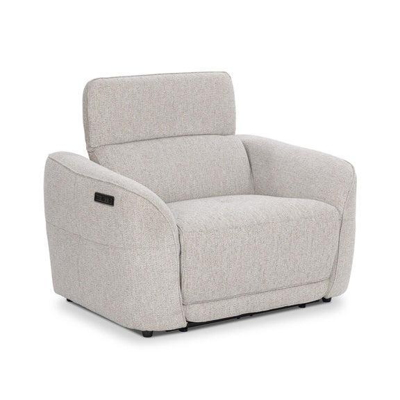 Gray power recliner chair front 3/4 view, padded arms and tall backrest