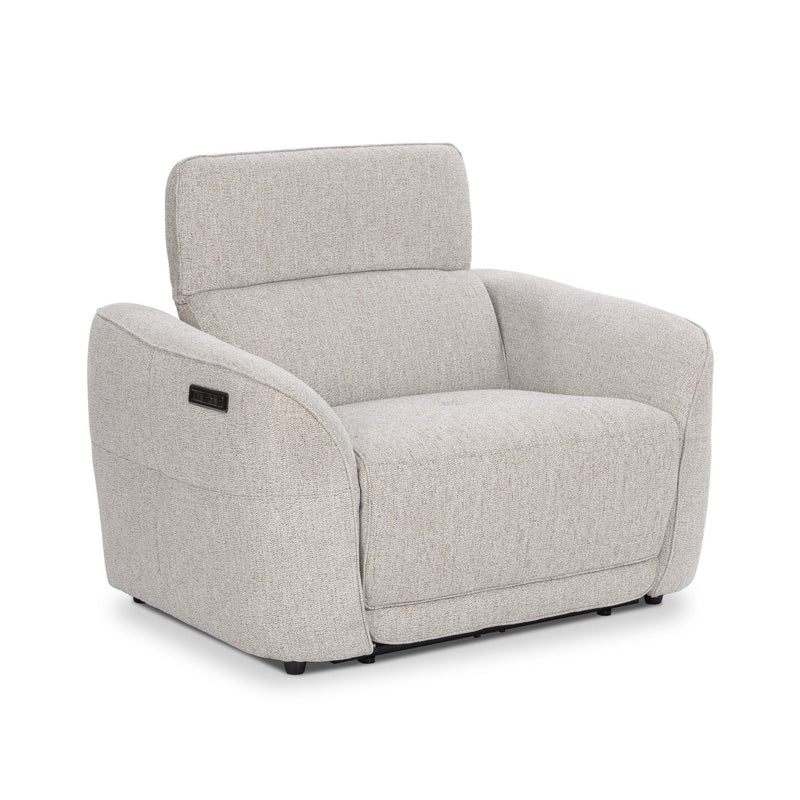 Gray power recliner chair front 3/4 view, padded arms and tall backrest