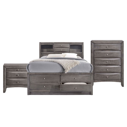 Dark gray storage bedroom set with platform bed and matching chests