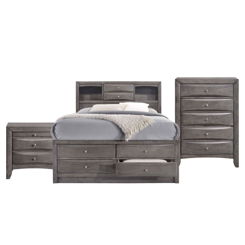 Dark gray storage bedroom set with platform bed and matching chests