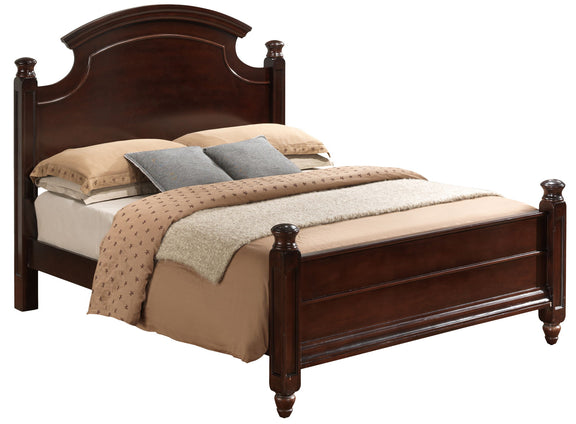 Dark brown hand-carved traditional bed frame with arched headboard and footboard posts