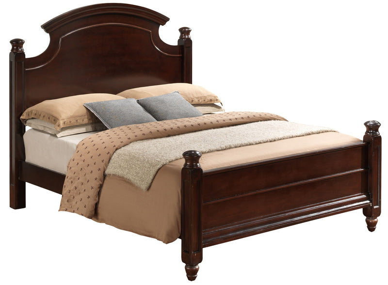 Dark brown hand-carved traditional bed frame with arched headboard and footboard posts