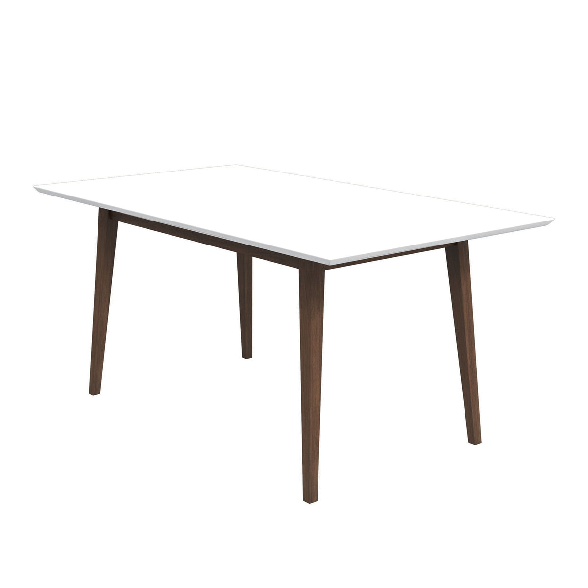 White rectangular dining table with dark brown tapered legs
