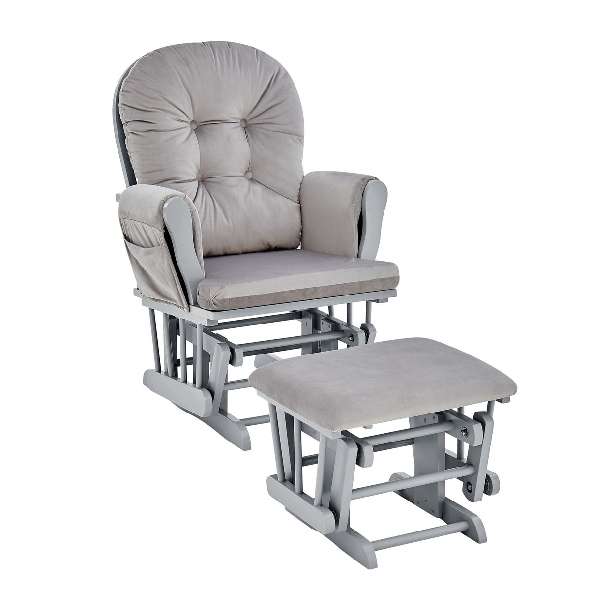 Light gray upholstered glider chair and ottoman set with curved arms and footrest.