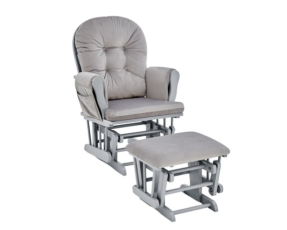 Light gray upholstered glider chair and ottoman set with curved arms and footrest.