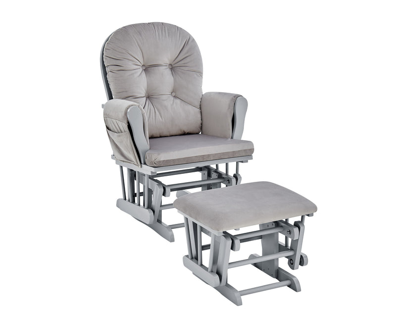 Light gray upholstered glider chair and ottoman set with curved arms and footrest.