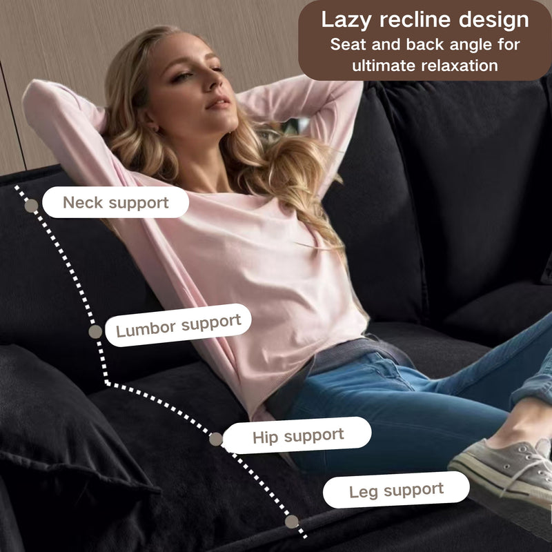 Black deep-seat reclining sofa with neck, lumbar, hip, and leg support contours