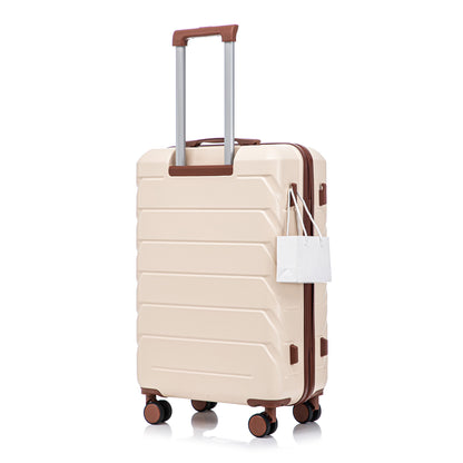 Beige hard-shell luggage with telescopic handle, 4 wheels, side hooks and hanging tag