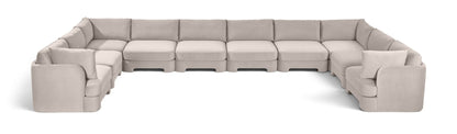 10-piece velvet sectional sofa, light gray modular L-shape with chaise and ottoman-style seats.