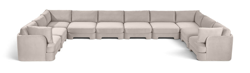 10-piece velvet sectional sofa, light gray modular L-shape with chaise and ottoman-style seats.