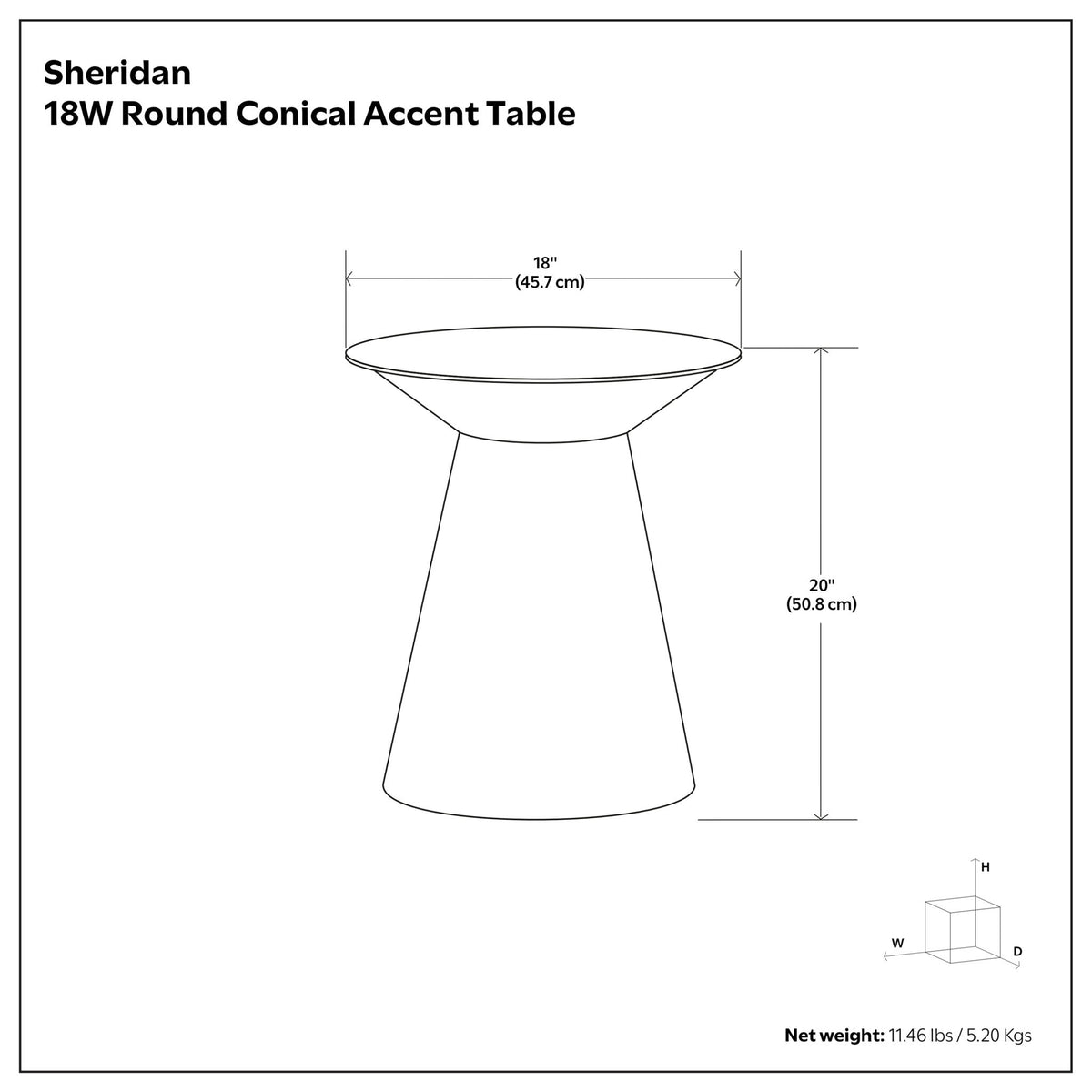 Conical accent table dimension diagram, 18 in diameter and 20 in height