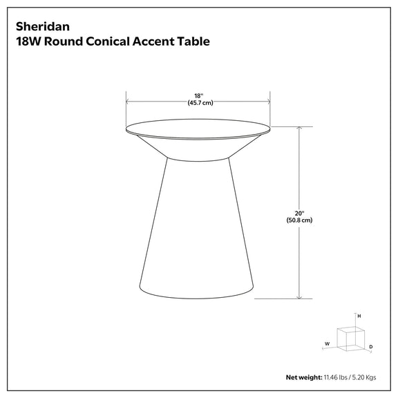 Conical accent table dimension diagram, 18 in diameter and 20 in height