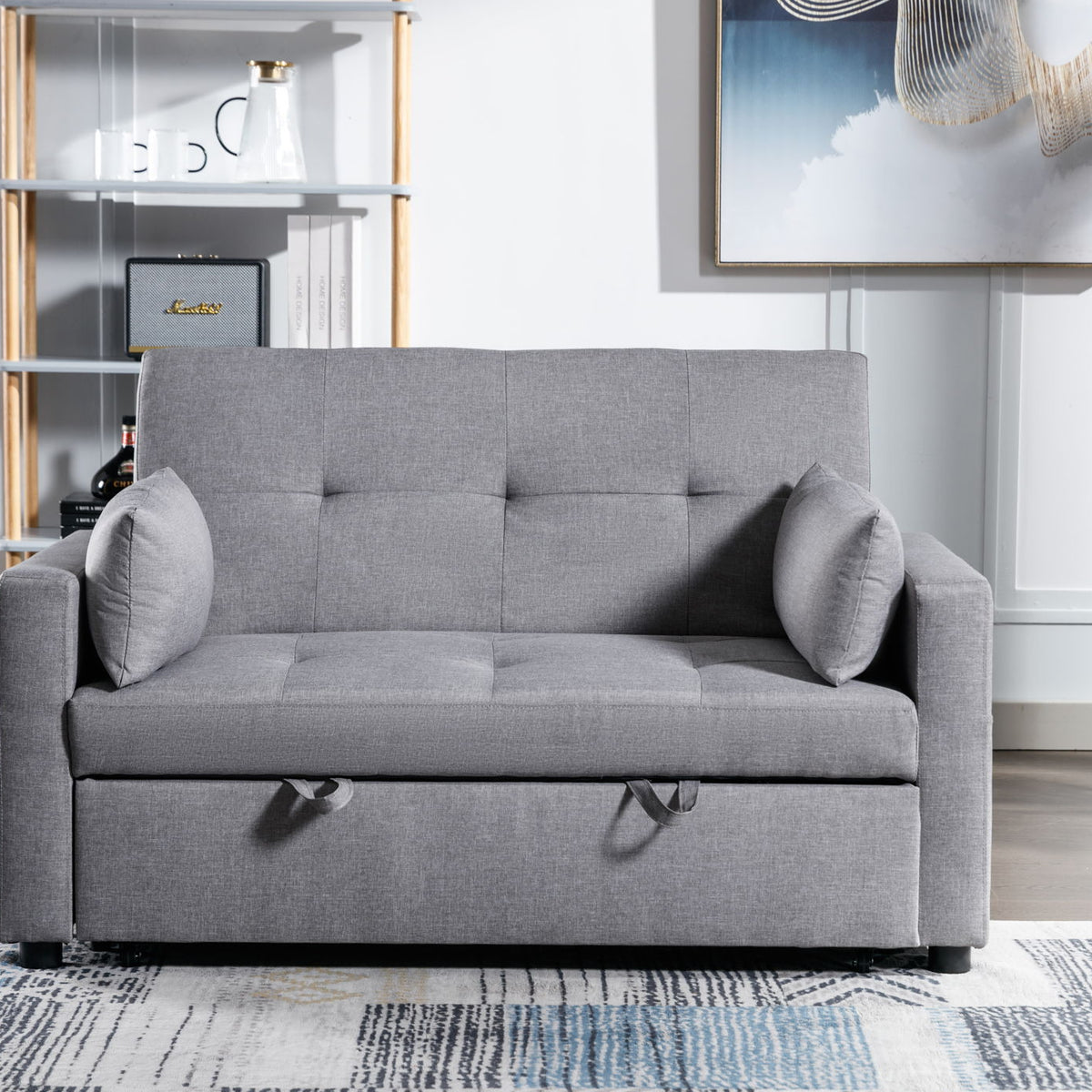 2 Seaters Slepper Sofa Bed Linen Fabric 3-In-1 Convertible Sleeper Loveseat With Side Pocket