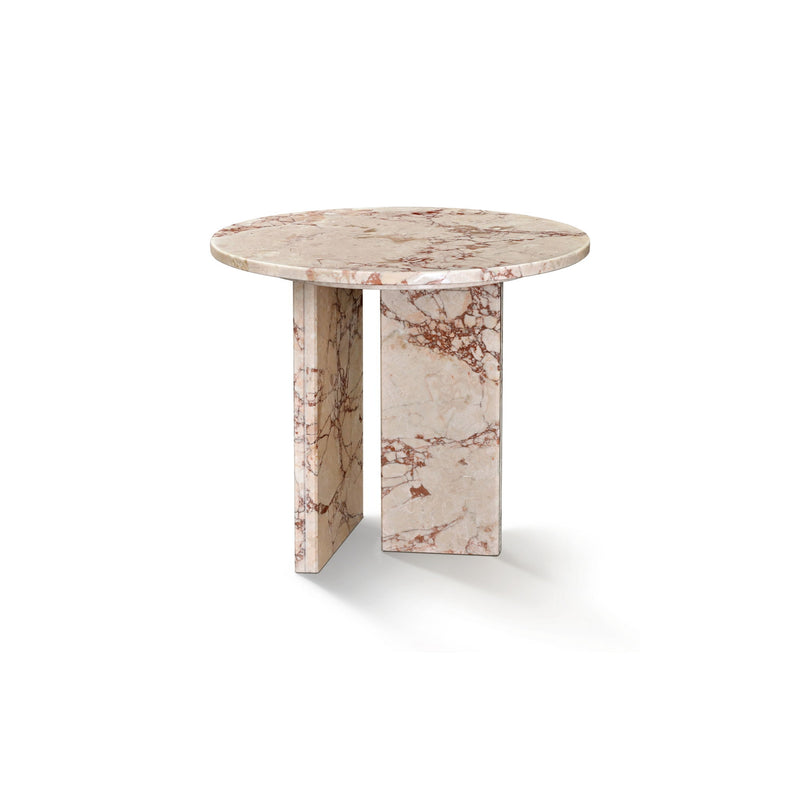 Round marble-look coffee table with beige top and reddish veining pedestal base
