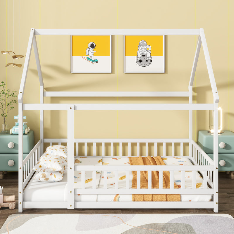 Full Size House Floor Wooden Bed with Roof Frame, Safety Guardrails, White