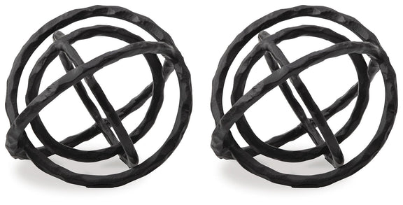 Set of 2 black metal ring sculptures, interlaced orb design, side view
