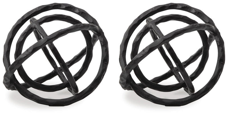 Set of 2 black metal ring sculptures, interlaced orb design, side view