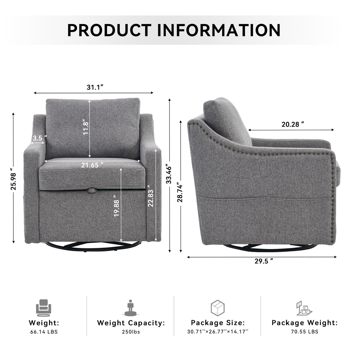 Linen Fabric 360° Swivel Accent Chair With Upholstered Back Pillow And Rivet Armrest