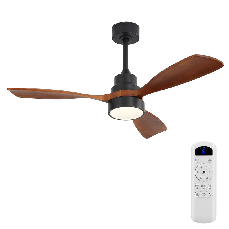 Black ceiling fan with LED light and three dark wood blades, plus handheld remote