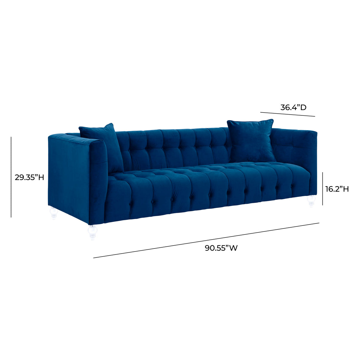 Blue velvet sofa with tufted seat and back; 90.55W x 36.4D x 29.35H