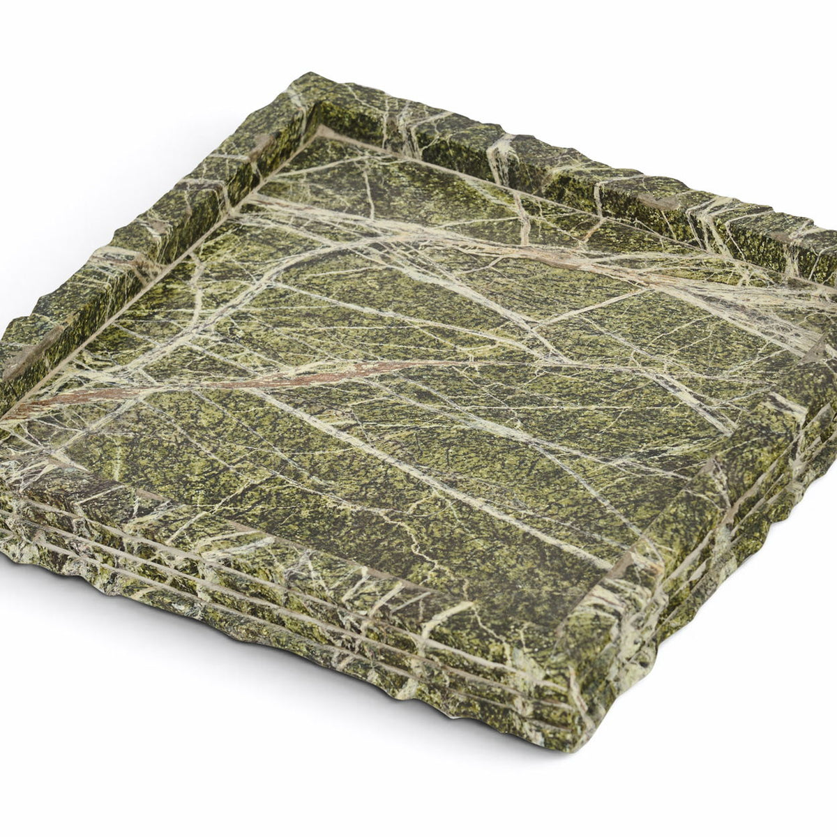 Green marble tray with intricate white veining and squared, raised edges.