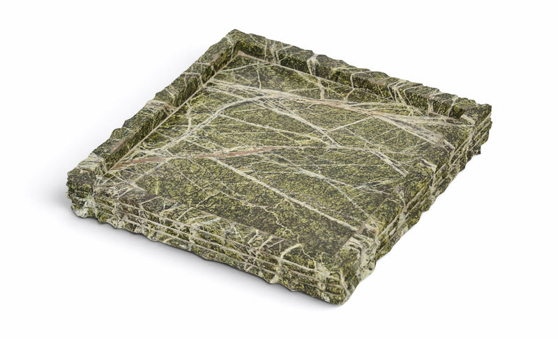 Green marble tray with intricate white veining and squared, raised edges.