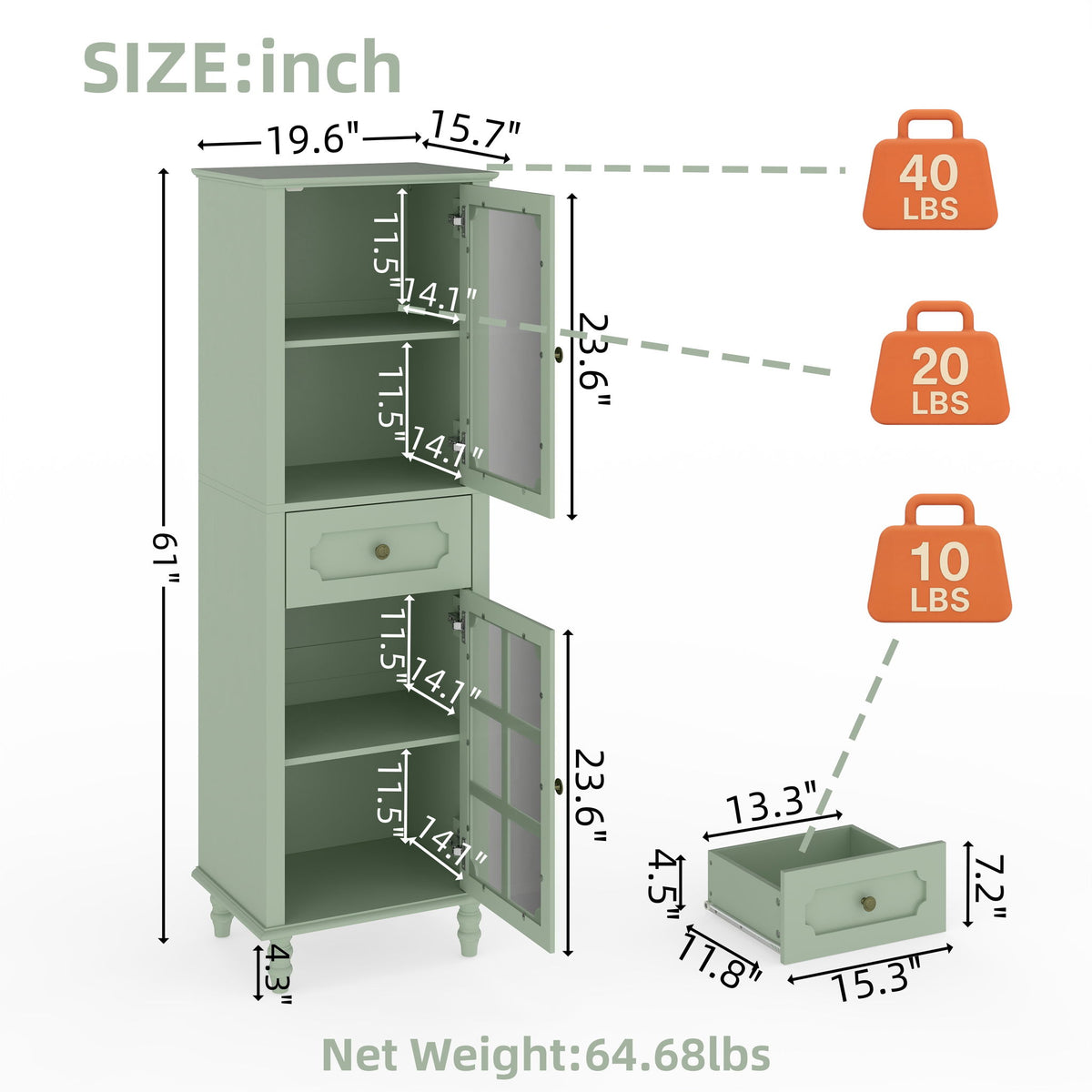 Green cabinet dimensions diagram showing shelf space, drawer size and weight capacities