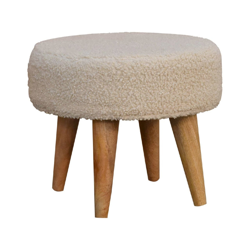 Cream boucle petite round footstool with short wooden legs