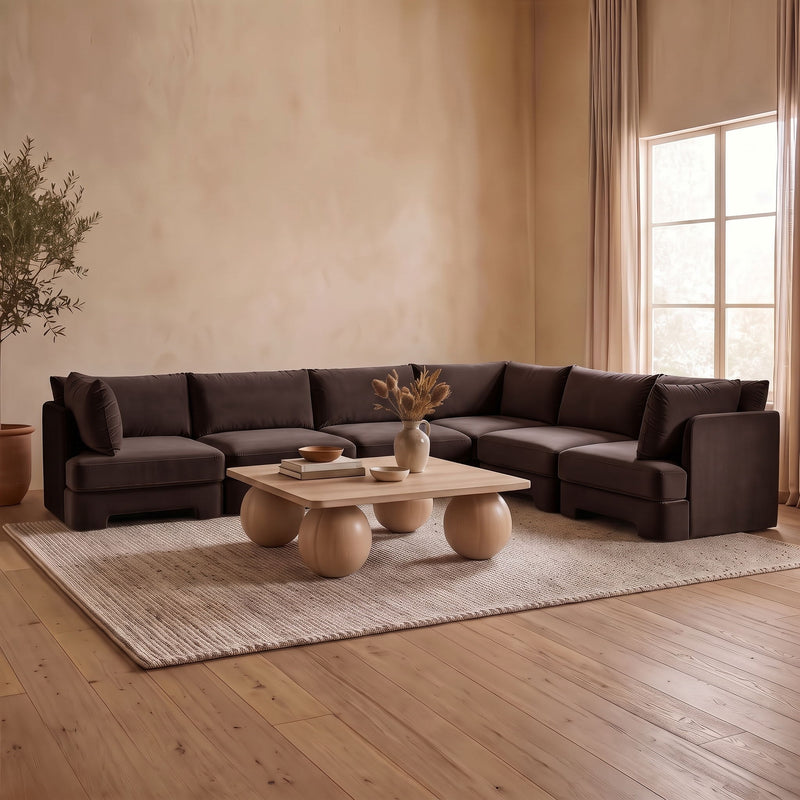 Dark brown velvet corner sectional sofa with chaise seats and square arms