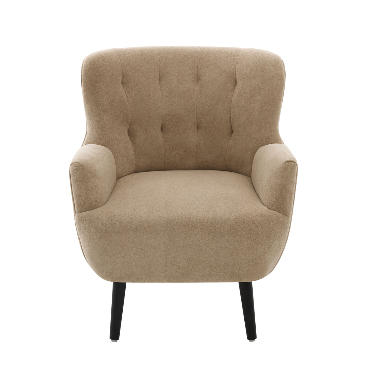 Brown upholstered armchair with round arms, buttonless tufted back, black legs