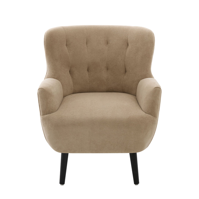 Brown upholstered armchair with round arms, buttonless tufted back, black legs