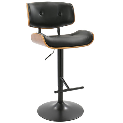 Adjustable barstool with dark gray upholstered seat, wooden back panel, black pedestal base