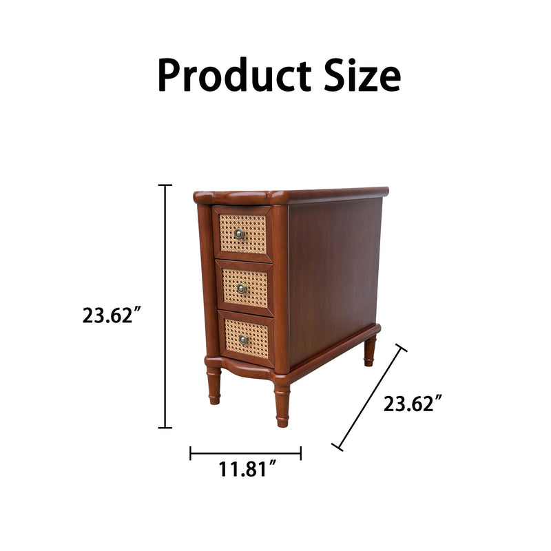 Narrow Side Table With 3 Drawers, Nightstand For Bedroom - Walnut