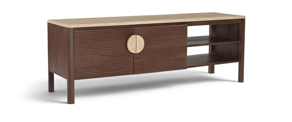 Varenna acacia wood media console with slatted drawer door and open shelf, beige top